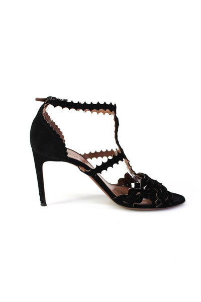 Alaia Womens Scalloped Suede Stiletto Ankle Strap Sandals Black Size 40 10