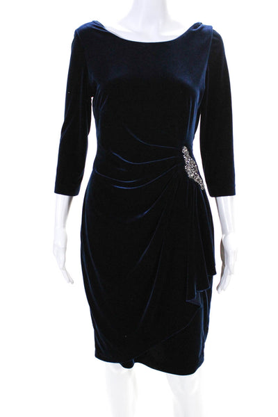 Alex Evenings Womens Velvet Ruched Jeweled Waist Mini Pencil Dress Blue Size 6