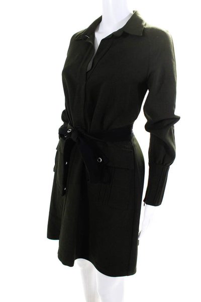 Smarteez Womens Long Sleeve Collared Belted Sheath Dress Dark Green Wool Size 2