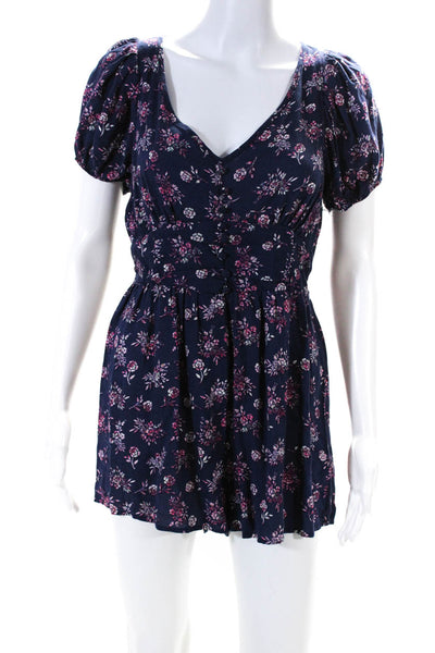 Louna Womens Navy Floral Puff Sleeve Romper Size 6 12091878