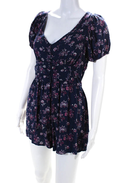 Louna Womens Navy Floral Puff Sleeve Romper Size 10 12091832