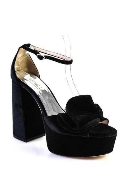 Badgley Mischka Womens Ankle Strap Ruffle Velvet Platform Sandals Black Size 9