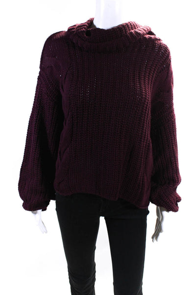 525 Womens Cotton Cable Knit Long Sleeve Crop Turtleneck Sweater Purple Size M