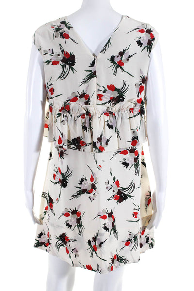 Marni Women's Sleeveless Floral Print V-Neck Ruffle Mini Dress Off White Size 38