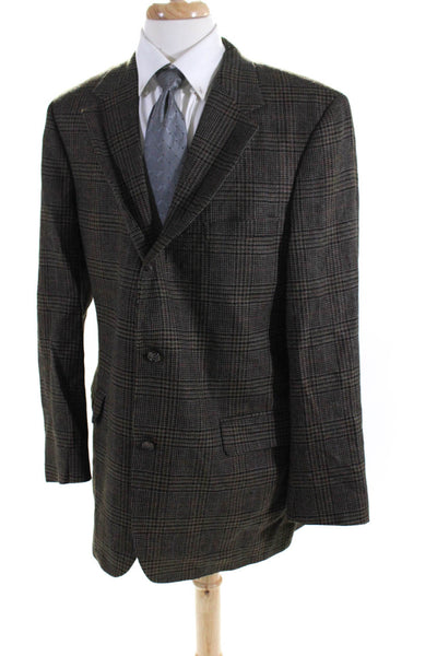 Brooks Brothers Mens Plaid Notch Collar Three Button Suit Jacket Brown Size 44L