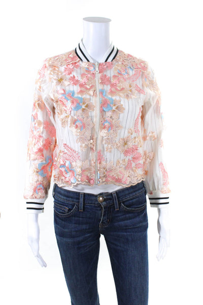 Loyd/Ford Womens Floral Embroidered Striped Bomber Jacket White Pink Size 2
