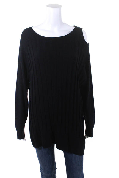Planet Womens Wide Rib Round Neck Off Shoulder Oversize Sweater Black One Size