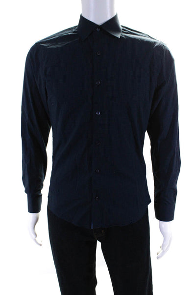 Neiman Marcus Mens Spotted Buttoned Long Sleeve Collared Top Navy Size S
