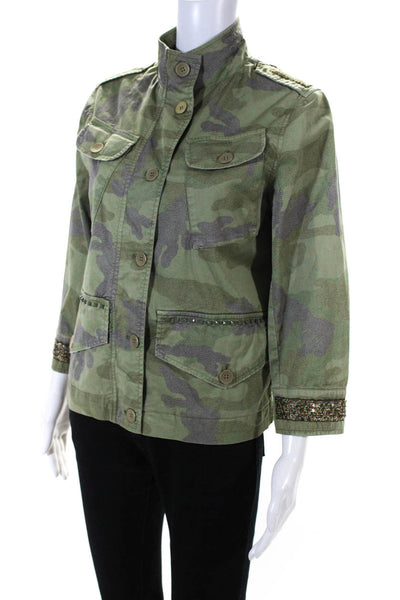 Masons Womens Green Camouflaged Studded Beaded Long Sleeve Jacket Size 42