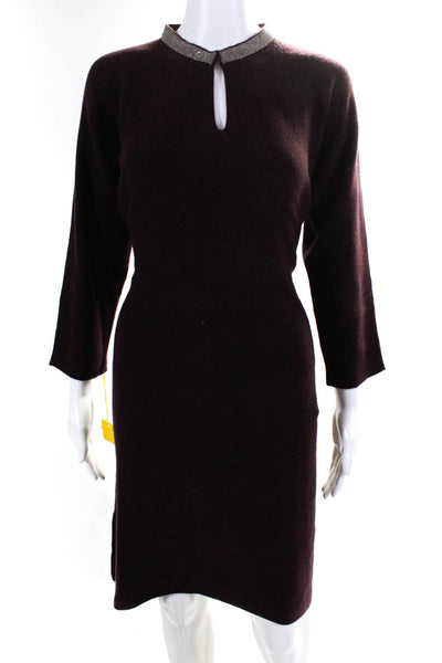 Fabiana Filippi Women's Round Neck Long Sleeves Embellish Mini Dress Burgundy XS