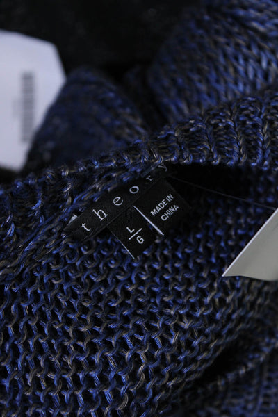 Theory Womens Open Knit Mock Neck Split Back Long Sleeve Sweater Blue Size L