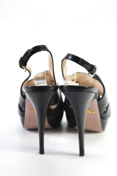 Prada Womens Leather Open Toe Slingback Platform Stiletto Heels Black Size 9.5