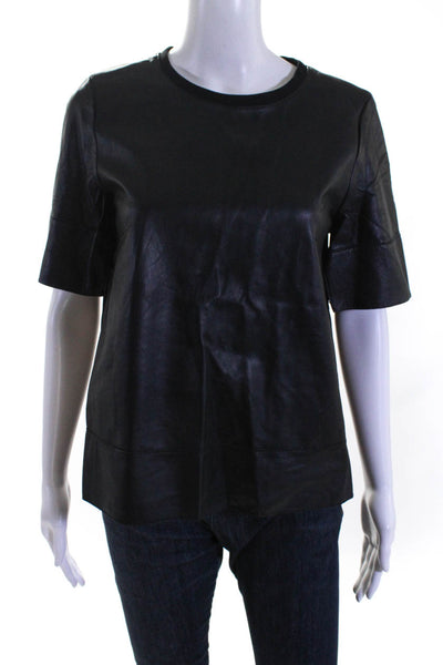 Tibi Women's Scoop Neck Short Sleeves Leather Blouse Black Size S