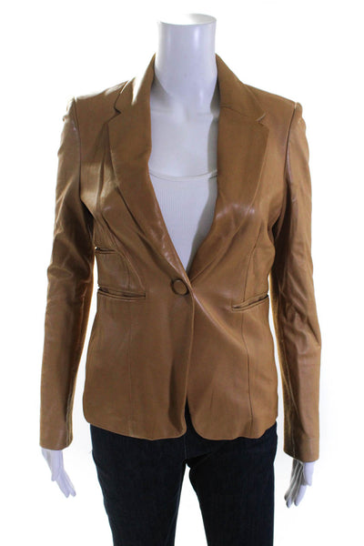 Joseph Women's Collar Long Sleeves Line Leather Jacket Camel Size 38