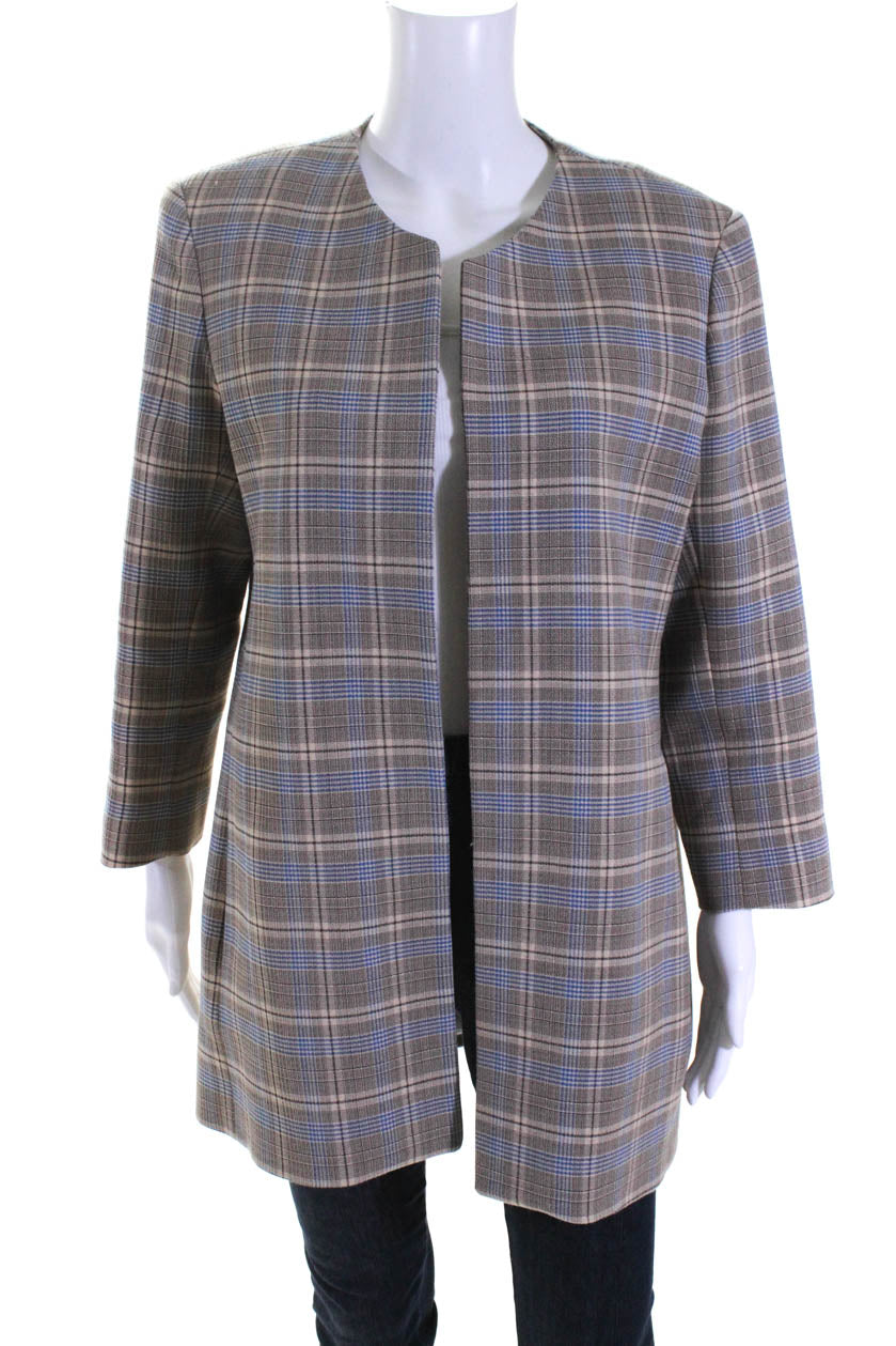 Index Womens Long Plaid Open Front Crew Neck Jacket Beige Brown