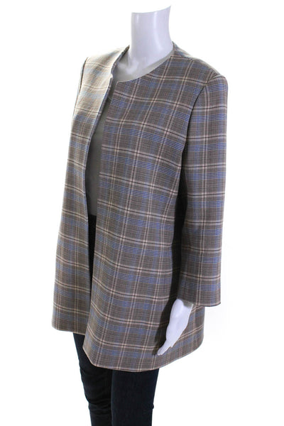 Index Womens Long Plaid Open Front Crew Neck Jacket Beige Brown Blue Size XL