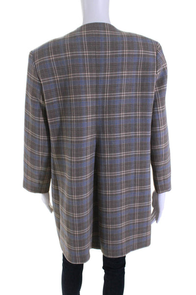 Index Womens Long Plaid Open Front Crew Neck Jacket Beige Brown Blue Size XL