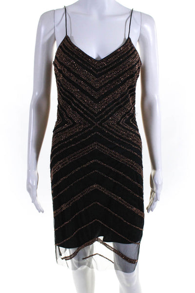 Badgley Mischka Collection Womens Mesh Beaded V-Neck Cocktail Dress Black Size 8