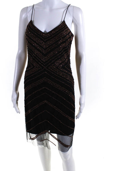 Badgley Mischka Collection Womens Mesh Beaded V-Neck Cocktail Dress Black Size 8