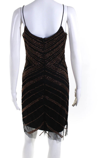 Badgley Mischka Collection Womens Mesh Beaded V-Neck Cocktail Dress Black Size 8