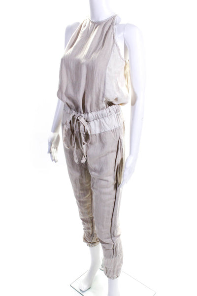 YFB Womens Linen Woven Drawstring Waist Sleeveless Jumpsuit Beige Size XS