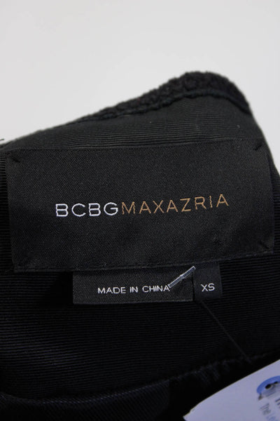 BCBGMAXAZRIA Womens Chain + Fringe Edging Short Sleeve Blouse Top Black Size XS