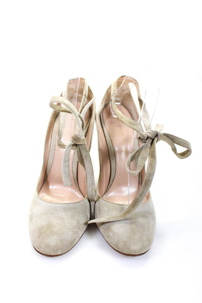 Gianvito Rossi Women's Suede Round Toe Lace Up Heels Beige Size 8.5