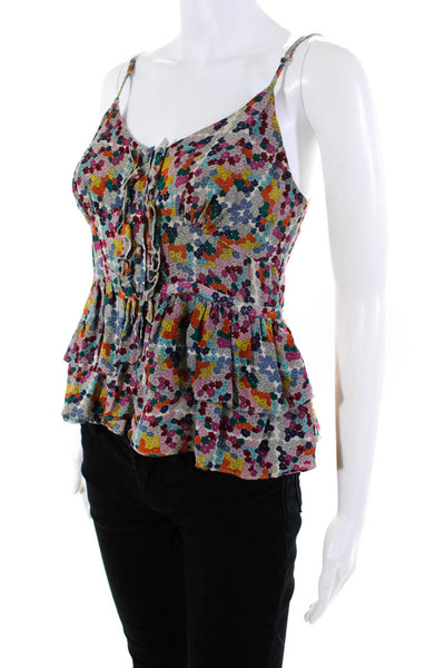 Parker Womens Silk Floral Print Ruffled Button Up Blouse Top Multicolor Size XS