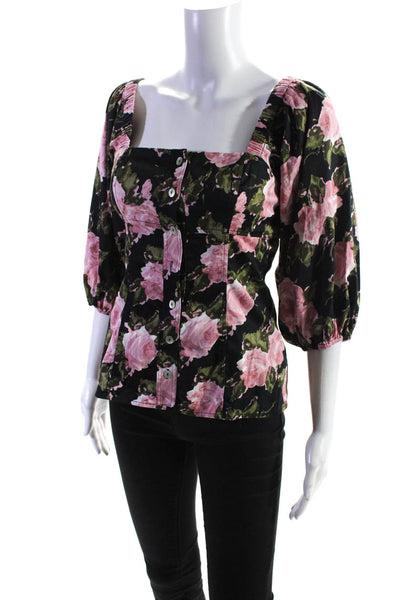 Wayf Womens Floral Print Puff Sleeve Off the Shoulder Blouse Top Black Size XS