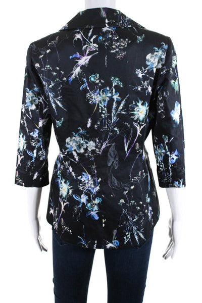 Donna Degnan Womens Floral Print Blazer Jacket Black Multi Colored Size 4