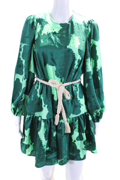 Alexis Womens Abstract Print Balloon Sleeve Drop Hem Dress Green Size XS