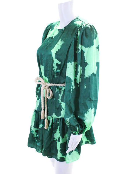 Alexis Womens Abstract Print Balloon Sleeve Drop Hem Dress Green Size XS