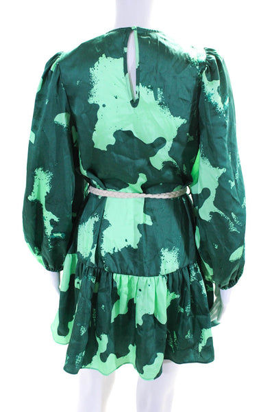 Alexis Womens Abstract Print Balloon Sleeve Drop Hem Dress Green Size XS