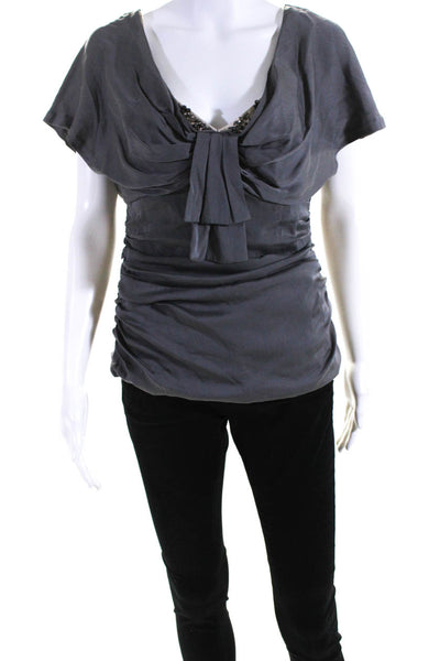 Nanette Lepore Womens Silk Beaded Scoop Neck Ruched Blouse Top Gray Size 8