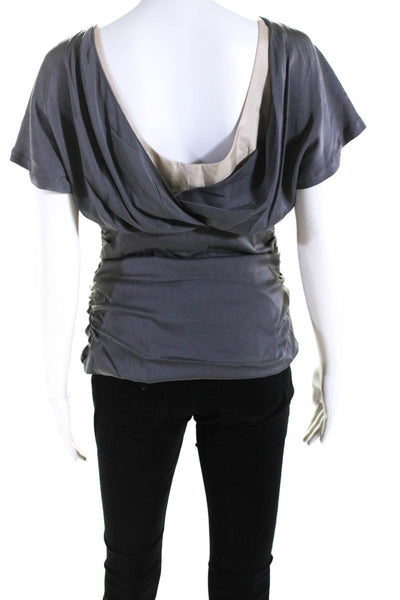 Nanette Lepore Womens Silk Beaded Scoop Neck Ruched Blouse Top Gray Size 8