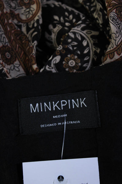 MINKPINK Womens Puff Sleeve Paisley Square Neck A Line Dress Black Brown Medium