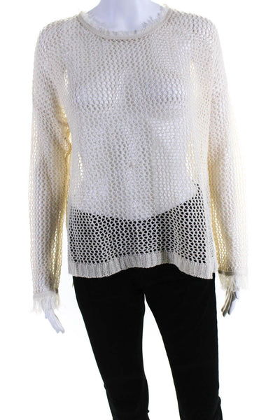 Moon River Womens Cream Open Knit Crew Neck Pullover Sweater Top Size S