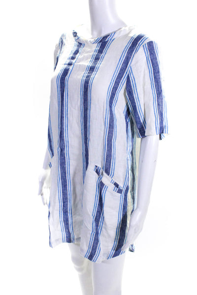Birds of Paradis Womens Half Sleeve Vertical Stripe Linen Dress White Blue XS