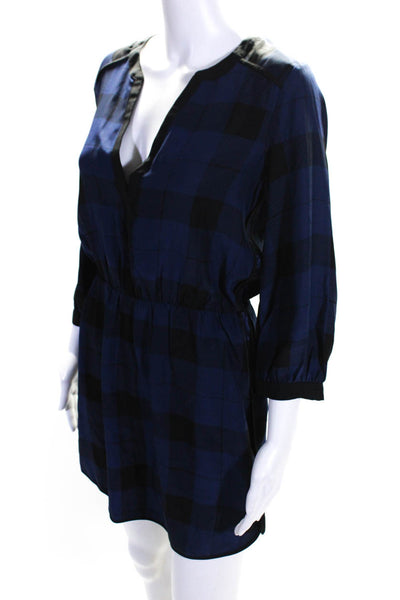 Parker Womens Silk Plaid A Line Dress Navy Blue Black Size Extra Small