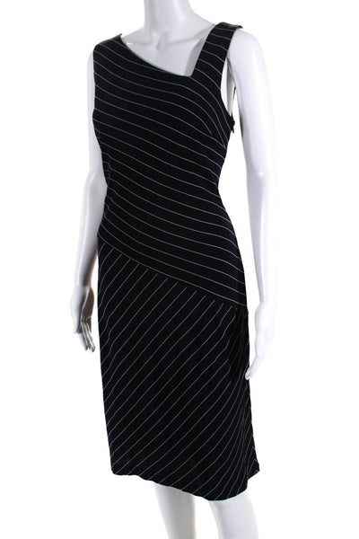 David Meister Womens Side Zip Sleeveless V Neck Striped Dress Navy Blue Size 10