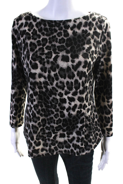 Rebecca Taylor Women's Long Sleeve Animal Print Zip Sweater Gray Size L