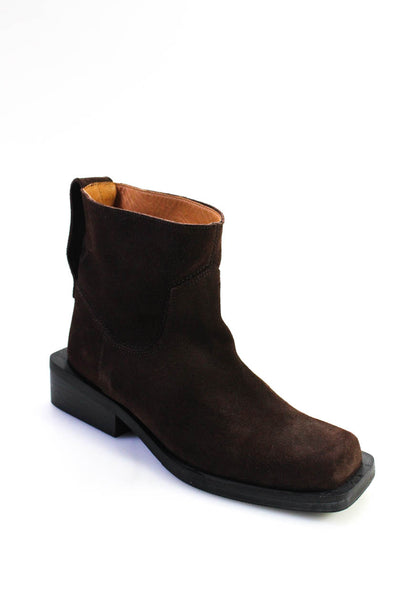 Ganni Women's Square Toe Pull-On  Suede Ankle Bootie Brown Size 8