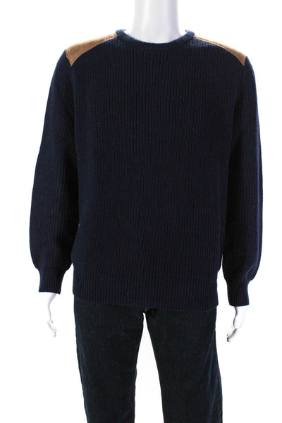 J Crew Mens Navy Cotton Leather Shoulder Crew Neck Pullover Sweater Top Size L