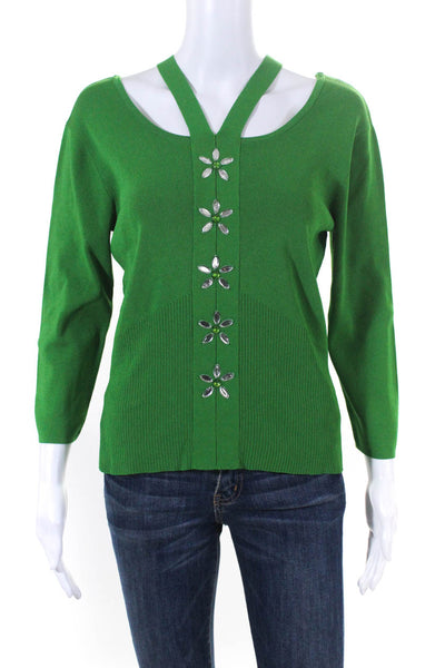 Bob Mackie Womens Rhinestone Scoop Neck Halter Knit Top Blouse Green Size Medium