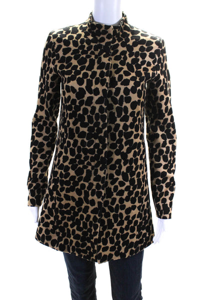 Ecru Womens Animal Print High Neck Long Sleeve Button Up Coat Beige Size XS