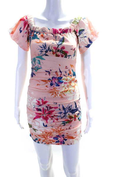 Nicole Miller Collection Womens Off Shoulder Floral Sheath Dress Pink Linen Sz 0