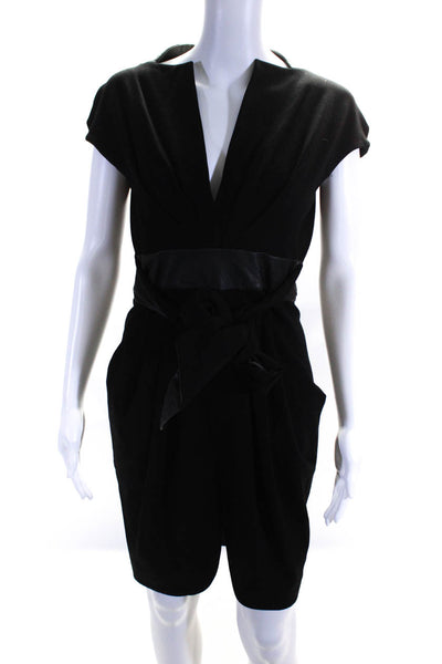 Malandrino Womens Faux Leather Trim Tie Waist Ponte Sheath Dress Black Size 8