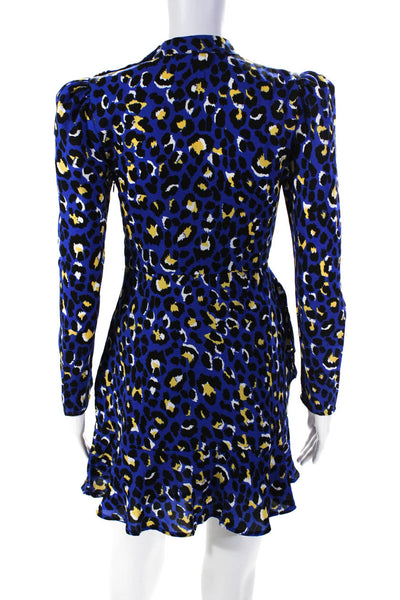 Rahi Womens Animal Print Puff Shoulder Side Zip Drop Hem Mini Dress Blue Size XS