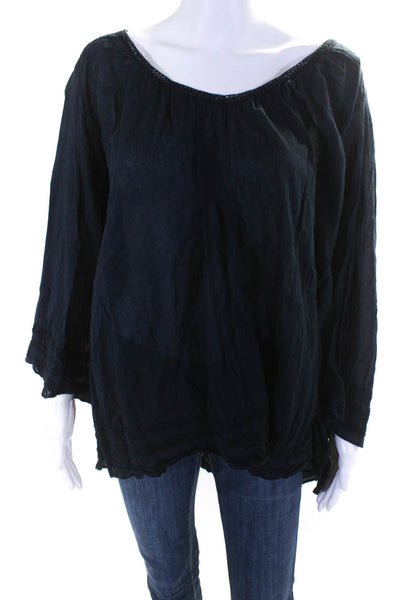 Calypso Saint Barth Womens Cotton Sheer Embroidered Trim Blouse Top Navy Size L