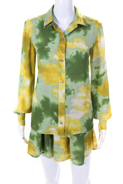 Toccin Womens Tie Dye Buttoned Collared Long Sleeve Top Short St Green Size 2 XS